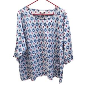 Pure Jill Womens Tunic Top XL‎ Blue Pink Diamond Ikat Print 3/4 Sleeve